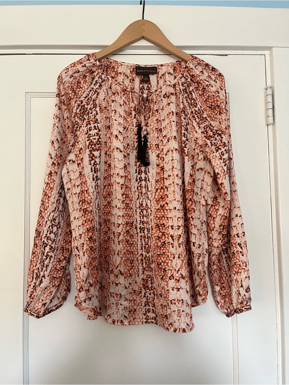 Dana Buchman Cream and Brown Printed Peasant Blouse with Tassel Tie